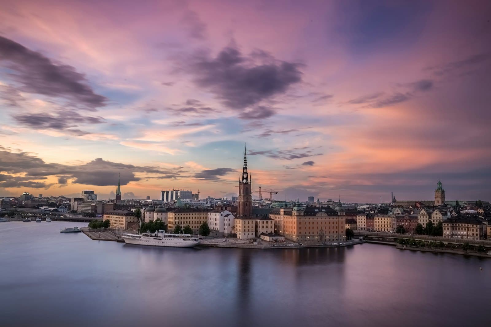 Stockholm old town and Riddarholmen church at sunset